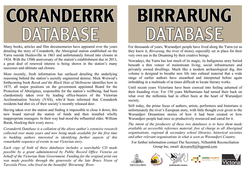 Nillumbik Reconciliation Group - Coranderrk & Birrarung database